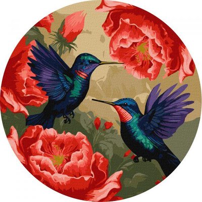 Кругла Картина за номерами Різнокольорові колібрі з фарбами металік art_selena_ua d39 Ідейка (KHO-R1048) KHO-R1048 фото