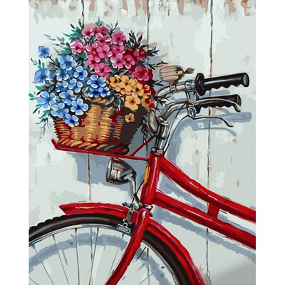 Картина за номерами Квіти у кошику велосипеда з лаком та з рівнем 40х50 см Strateg (GS1513) GS1513 фото