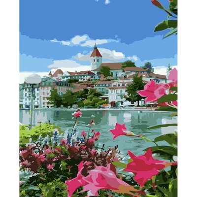 Картина за номерами ПРЕМІУМ Швейцарське містечко з лаком та рівнем розміром 30х40 см Strateg (SS-6535) SS-6535 фото