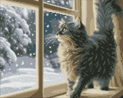 Алмазна мозаїка Снігопад за вікном з котиком з голограмними стразами Ідейка (AMO7801) AMO7801 фото