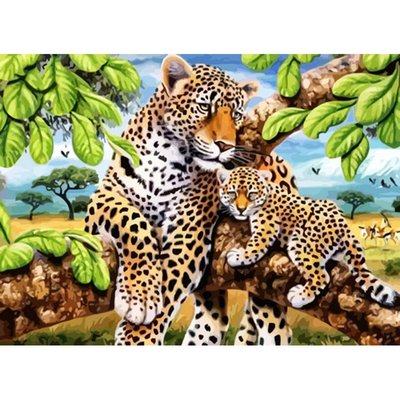 Алмазна мозаїка Леопард з дитинчатою без підрамника розміром 50х65 см Strateg (SGK76327) SGK76327 фото