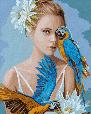 Картина за номерами Патріотична Дівчина із блакитними папугами 40х50 (KHO4802) KHO4802 фото