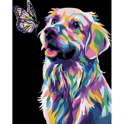 Картина за номерами Поп-арт собака лабрадор з метеликом на чорному фоні розміром 40х50 см Strateg (AH1047) AH1047 фото